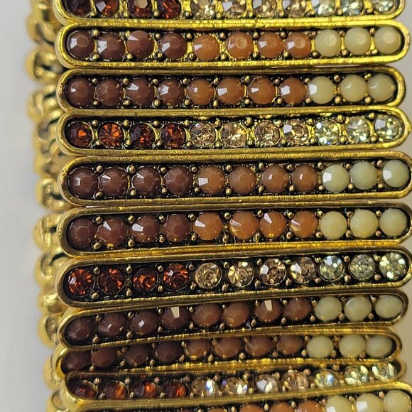 Gold Tone and Brown Wide Cuff Embellished Stretchy Bracelet - Picture 9 of 12